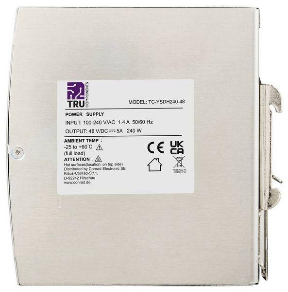 Produktbild: TRU COMPONENTS TC-13850164 Hutschienen-Netzteil (DIN-Rail) 48 V/DC 5 A 240 W Anzahl Ausg&auml;nge:1 x Inhalt 1 St.