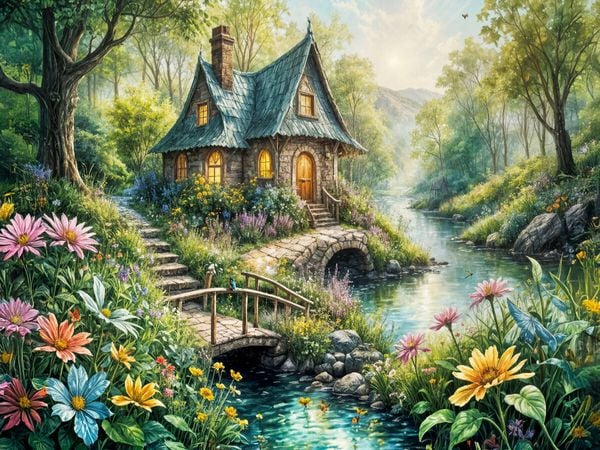 Produktbild: CALVENDO Puzzle Vertr&auml;umtes Feenhaus am Bach | 1000 Teile Lege-Gr&ouml;&szlig;e 64x48cm Foto-Puzzle f&uuml;r gl&uuml;ckliche Stunden
