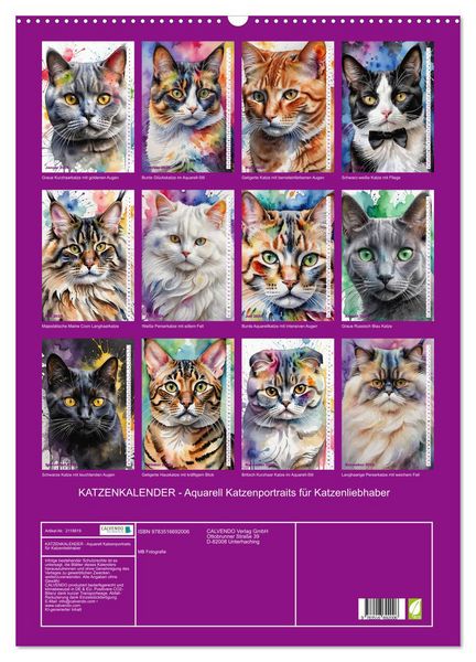 Produktbild: KATZENKALENDER - Aquarell Katzenportraits f&uuml;r Katzenliebhaber (Wandkalender 2026 DIN A2 hoch), CALVENDO Monatskalender