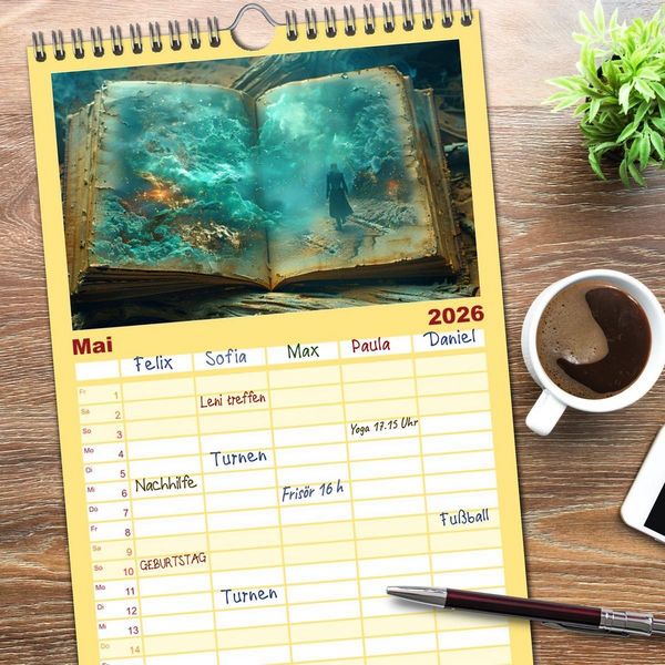Produktbild: Familienplaner 2026 - Welten zwischen den Zeilen - B&uuml;cher, die Tr&auml;ume wecken mit 5 Spalten (Wandkalender, 21 x 45 cm) CALVENDO