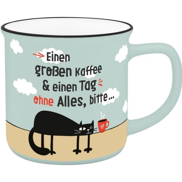 Produktbild: Becher in Emailloptik "Einen gro&szlig;en Kaffee & einen Tag ohne Alles, bitte..."