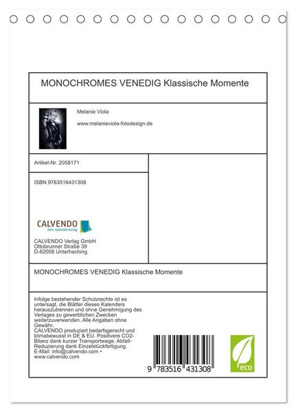 Produktbild: MONOCHROMES VENEDIG Klassische Momente (Tischkalender 2026 DIN A5 hoch), CALVENDO Monatskalender