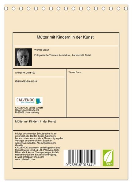 Produktbild: M&uuml;tter mit Kindern in der Kunst (Tischkalender 2026 DIN A5 hoch), CALVENDO Monatskalender