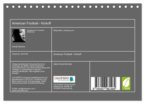 Produktbild: American Football - Kickoff (Tischkalender 2026 DIN A5 quer), CALVENDO Monatskalender
