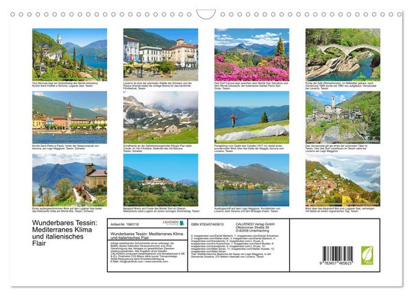 Produktbild: Wunderbares Tessin: Mediterranes Klima und italienisches Flair (Wandkalender 2026 DIN A3 quer), CALVENDO Monatskalender