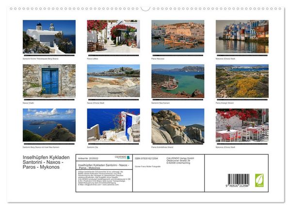 Produktbild: Inselh&uuml;pfen Kykladen Santorini - Naxos - Paros - Mykonos (hochwertiger Premium Wandkalender 2026 DIN A2 quer), Kunstdruck in Hochglanz