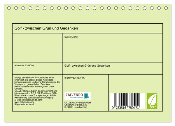 Produktbild: Golf - zwischen Gr&uuml;n und Gedanken (Tischkalender 2027 DIN A5 quer), CALVENDO Monatskalender