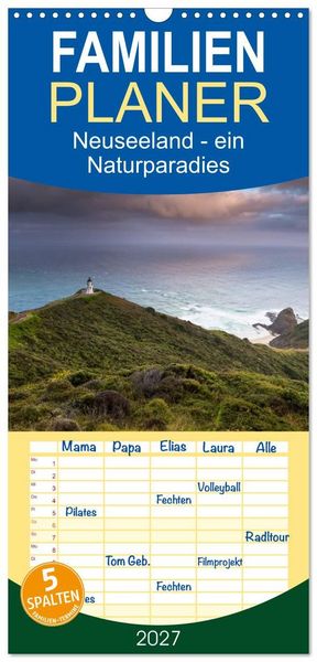 Produktbild: Familienplaner 2027 - Neuseeland - ein Naturparadies mit 5 Spalten (Wandkalender, 21 x 45 cm) CALVENDO