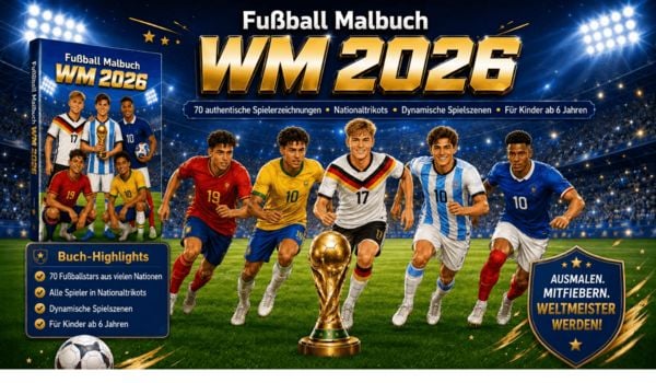 Produktbild: WM 2026 Fu&szlig;ball Malbuch f&uuml;r Kinder ab 6 Jahren mit 70 authentischen Spielerzeichnungen