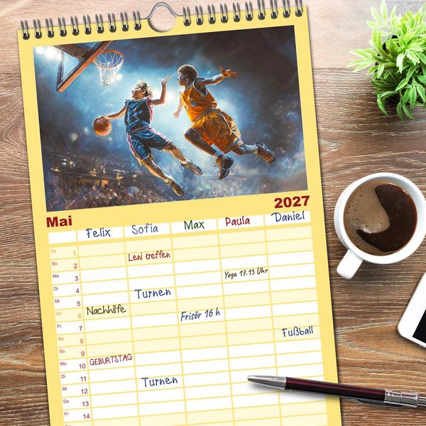 Produktbild: Familienplaner 2027 - Basketball - Kids in Action mit 5 Spalten (Wandkalender, 21 x 45 cm) CALVENDO