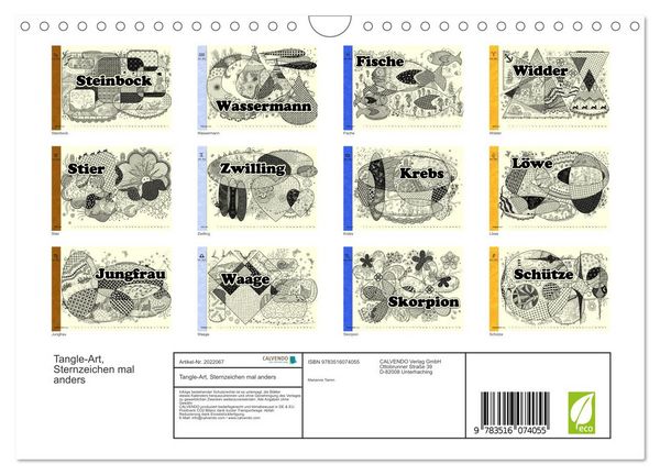Produktbild: Tangle-Art, Sternzeichen mal anders (Wandkalender 2026 DIN A4 quer), CALVENDO Monatskalender