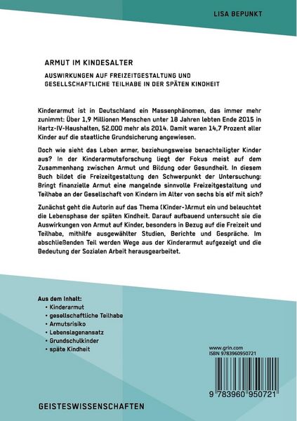 Produktbild: Armut im Kindesalter. Auswirkungen auf Freizeitgestaltung und gesellschaftliche Teilhabe in der sp&auml;ten Kindheit