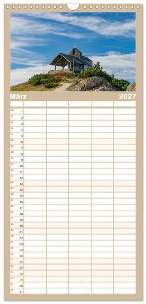 Produktbild: Familienplaner 2027 - Wanderparadies Bayerische Alpen mit 5 Spalten (Wandkalender, 21 x 45 cm) CALVENDO