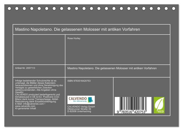 Produktbild: Mastino Napoletano. Die gelassenen Molosser mit antiken Vorfahren (Tischkalender 2026 DIN A5 quer), CALVENDO Monatskalender