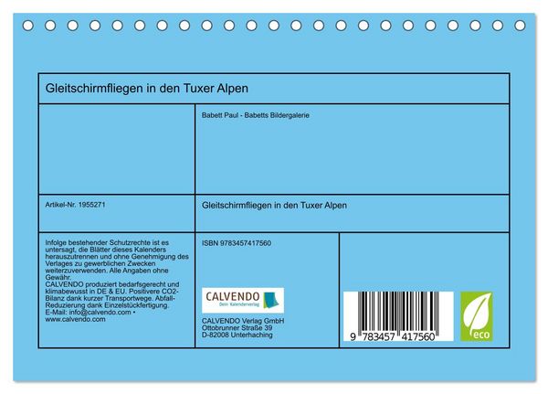 Produktbild: Gleitschirmfliegen in den Tuxer Alpen (Tischkalender 2026 DIN A5 quer), CALVENDO Monatskalender
