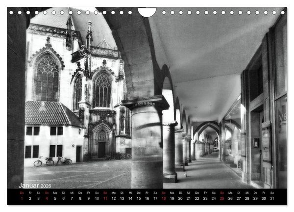 Produktbild: M&uuml;nster in schwarz-wei&szlig; gesehen (Wandkalender 2026 DIN A4 quer), CALVENDO Monatskalender