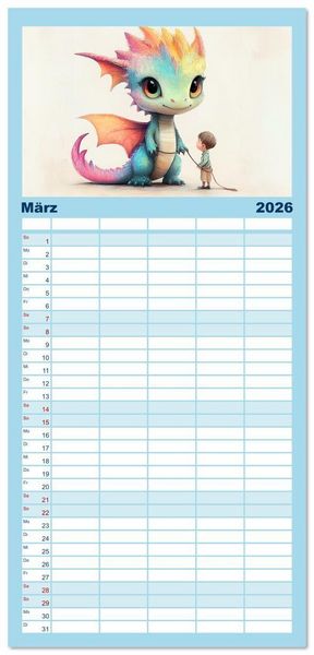 Produktbild: Familienplaner 2026 - Dinozauber &ndash; Wenn Urzeitbewohner zu Freunden werden mit 5 Spalten (Wandkalender, 21 x 45 cm) CALVENDO