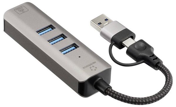 Produktbild: Renkforce RF-6856046 USB-Hub 3 Port USB-A, RJ45 USB 3.2 Gen1 5 GBit/s mit eingebautem Netzwerk-Anschluss Grau RF-EAWH-300