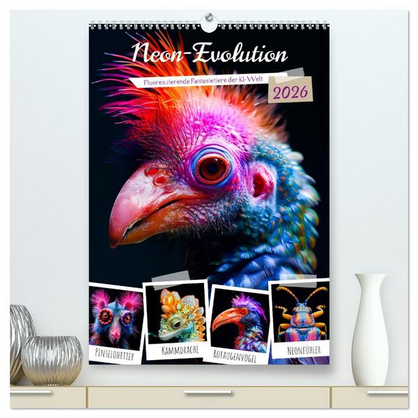 Produktbild: Neon-Evolution - Fluoreszierende Fantasietiere der KI-Welt (hochwertiger Premium Wandkalender 2026 DIN A2 hoch), Kunstdruck in Hochglanz