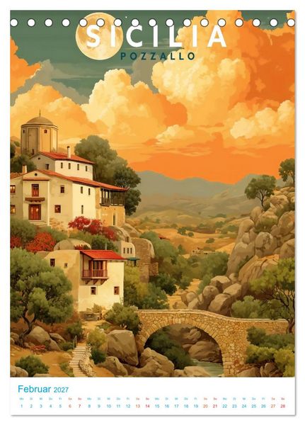 Produktbild: Sizilien - Old School Poster Style (Tischkalender 2027 DIN A5 hoch), CALVENDO Monatskalender