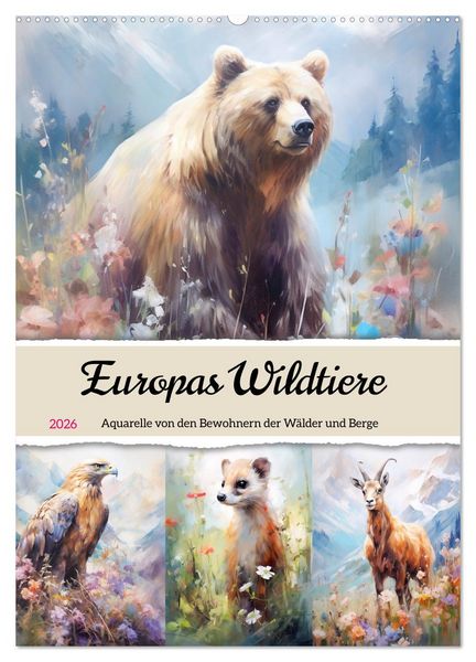 Produktbild: Europas Wildtiere. Aquarelle von den Bewohnern der W&auml;lder und Berge (Wandkalender 2026 DIN A2 hoch), CALVENDO Monatskalender