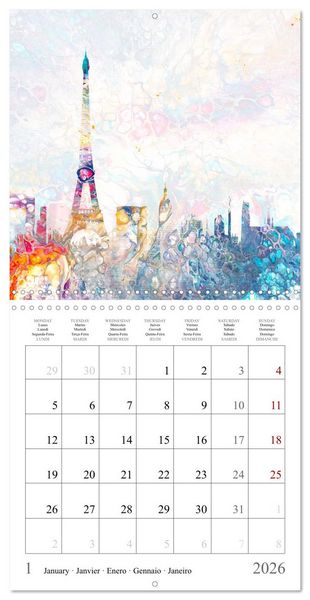 Produktbild: Colorful metropolises of the world - Acrylic Pouring of skylines of famous world cities (Wall Calendar 2026 12 &times; 12 Inch) CALVENDO 12 Month Wall Calendar