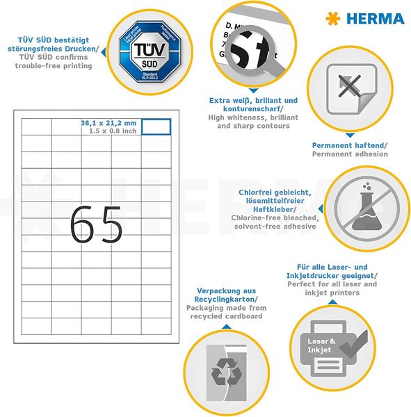 Produktbild: HERMA Adressetiketten Premium A4 wei&szlig;, permanent haftend, 25 Blatt