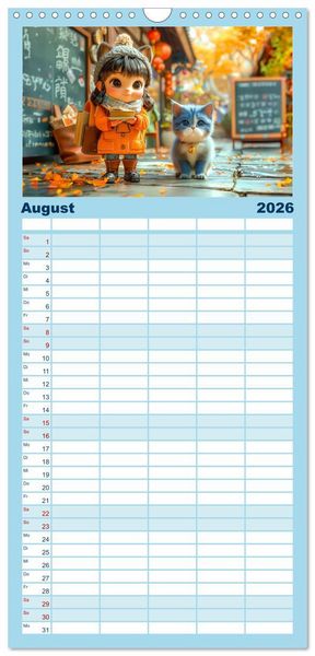 Produktbild: Familienplaner 2026 - Lina und die Katzen - Magische Abenteuer in niedlichen Szenen mit 5 Spalten (Wandkalender, 21 x 45 cm) CALVENDO