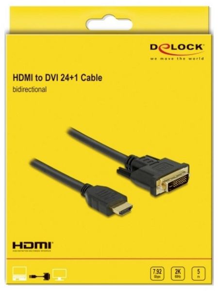 Produktbild: Delock HDMI / DVI Anschlusskabel HDMI-A Stecker, DVI-D 24+1pol. Stecker 5 m Schwarz 85656 dreifach geschirmt, vergoldete Steckkontakte HDMI-Kabel