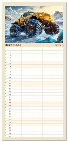 Produktbild: Familienplaner 2026 - Die Macht der Monstertrucks mit 5 Spalten (Wandkalender, 21 x 45 cm) CALVENDO