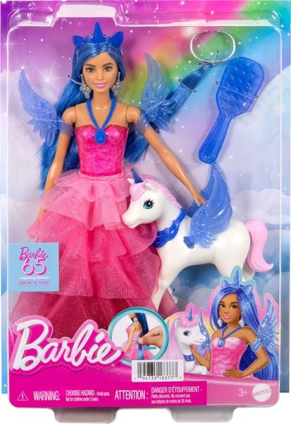 Barbie Einhorn-Spielzeug, Puppe zum 65. Jubiläum mit blauen Haaren, pinkfarbenem Kleid und Haustier-Einhorn