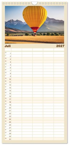 Produktbild: Familienplaner 2027 - Freiheit in den L&uuml;ften. Mit dem Hei&szlig;luftballon unterwegs mit 5 Spalten (Wandkalender, 21 x 45 cm) CALVENDO