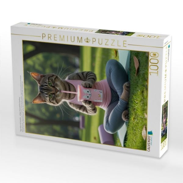 Produktbild: CALVENDO Puzzle Yoga-Katze mit Smoothie - witziges Katzenbild f&uuml;r Sportfans | 1000 Teile Lege-Gr&ouml;&szlig;e 64x48cm Foto-Puzzle f&uuml;r gl&uuml;ckliche Stunden