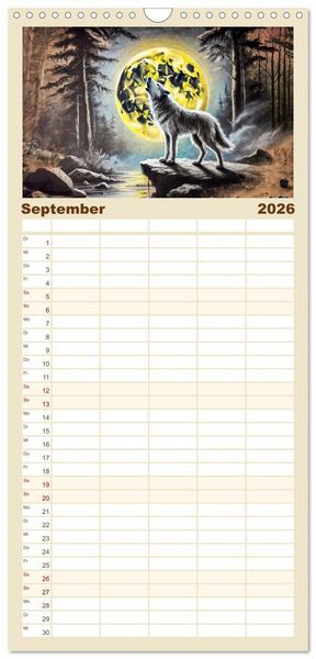 Produktbild: Familienplaner 2026 - Die Eleganz der W&ouml;lfe - Mythische Begegnungen in der Natur mit 5 Spalten (Wandkalender, 21 x 45 cm) CALVENDO
