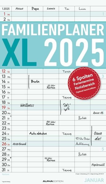 Familienplaner XL 2025 mit 6 Spalten - Familien-Timer 26x45 cm - Offset-Papier - mit Ferienterminen - Wand-Planer - Fami