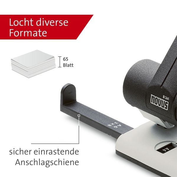 Produktbild: Novus Registraturlocher B 265, 65 Blatt lichtgrau/schwarz, Anschlagschiene