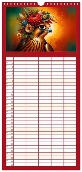 Produktbild: Familienplaner 2027 - Blumige Vogelportr&auml;ts mit 5 Spalten (Wandkalender, 21 x 45 cm) CALVENDO