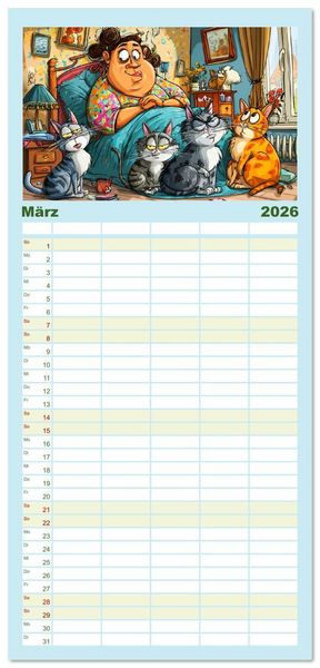 Produktbild: Familienplaner 2026 - Katzen und Frauen. Lustige Cartoons vom t&auml;glichen Chaos mit 5 Spalten (Wandkalender, 21 x 45 cm) CALVENDO