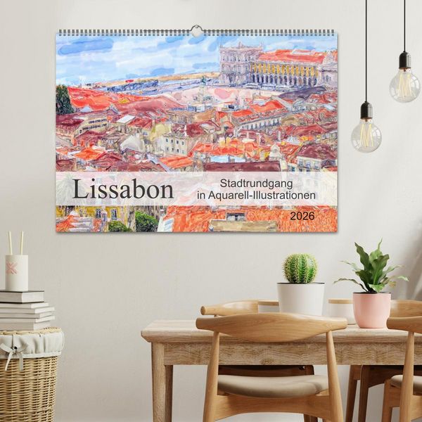 Produktbild: Lissabon - Stadtrundgang in Aquarell-Illustrationen (Wandkalender 2026 DIN A2 quer), CALVENDO Monatskalender