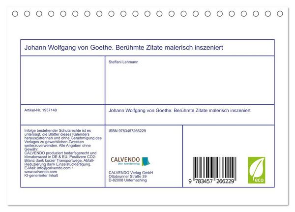Produktbild: Johann Wolfgang von Goethe. Ber&uuml;hmte Zitate malerisch inszeniert (Tischkalender 2026 DIN A5 quer), CALVENDO Monatskalender