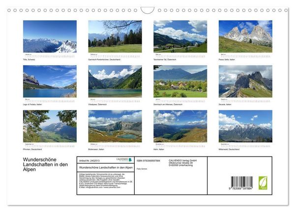 Produktbild: Wundersch&ouml;ne Landschaften in den Alpen (Wandkalender 2027 DIN A3 quer), CALVENDO Monatskalender