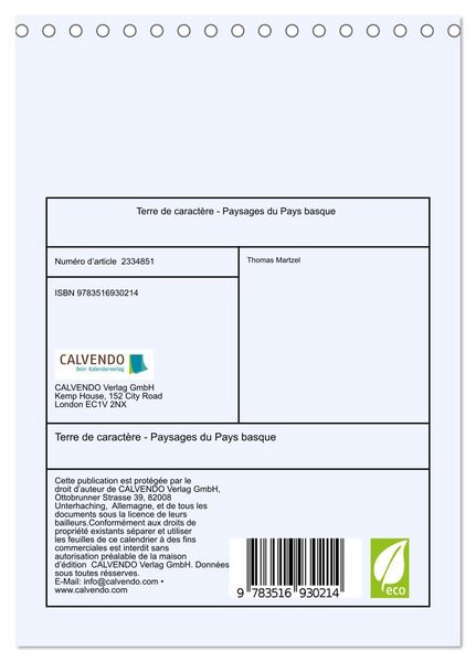 Produktbild: Terre de caract&egrave;re - Paysages du Pays basque (Calendrier de bureau 2027 DIN A5 horizontal), CALVENDO calendrier mensuel