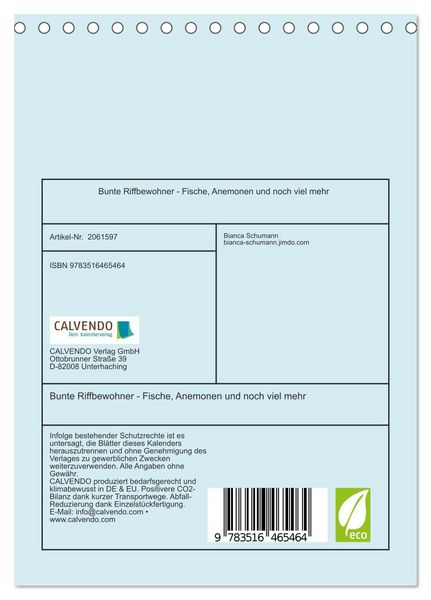 Produktbild: Bunte Riffbewohner - Fische, Anemonen und noch viel mehr (Tischkalender 2026 DIN A5 hoch), CALVENDO Monatskalender