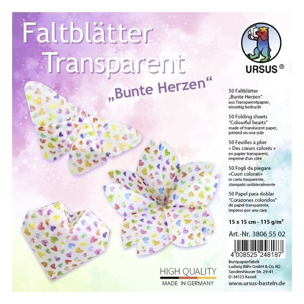 URSUS Falten Transparentpapier-Faltblätter Bunte Herzen, 115 g/m², 15 x 15 cm, sortiert