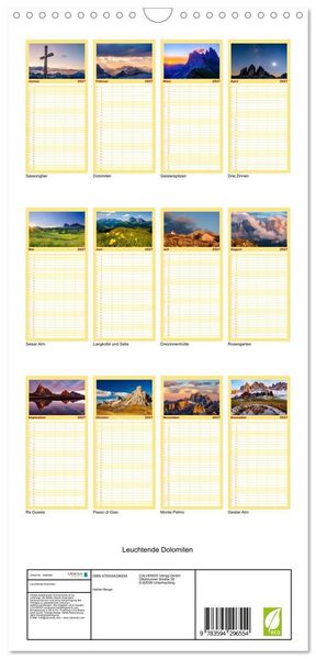 Produktbild: Familienplaner 2027 - Leuchtende Dolomiten mit 5 Spalten (Wandkalender, 21 x 45 cm) CALVENDO