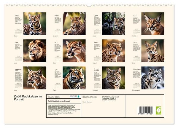 Produktbild: Zw&ouml;lf Raubkatzen im Portrait (hochwertiger Premium Wandkalender 2026 DIN A2 quer), Kunstdruck in Hochglanz