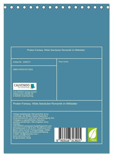 Produktbild: Piraten-Fantasy. Wilde Seer&auml;uber-Romantik im Mittelalter (Tischkalender 2026 DIN A5 hoch), CALVENDO Monatskalender
