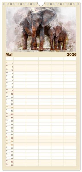 Produktbild: Familienplaner 2026 - Elefanten - k&uuml;nstlerische Impressionen der gr&ouml;&szlig;ten noch lebenden Landtiere mit 5 Spalten (Wandkalender, 21 x 45 cm) CALVENDO