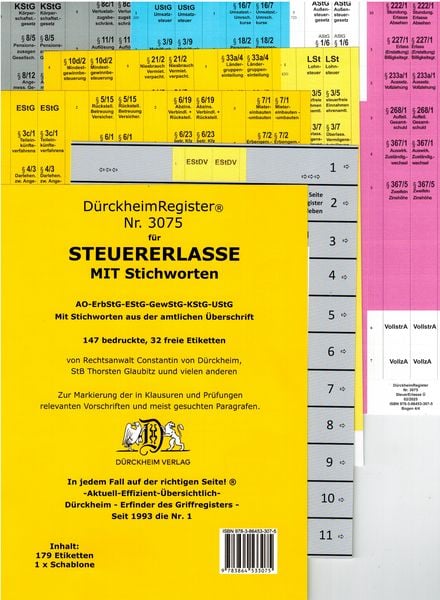 Produktbild: D&uuml;rckheimRegister&reg; STEUERERLASSE MIT Stichworten