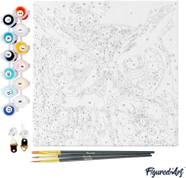 Produktbild: FiguredArt SFA112-Y - Mini Malen nach Zahlen, Fantasie Eule mit Blumen, Leinwand-Keilrahmen 20x20cm, DIY Bastelset, Paint by Numbers